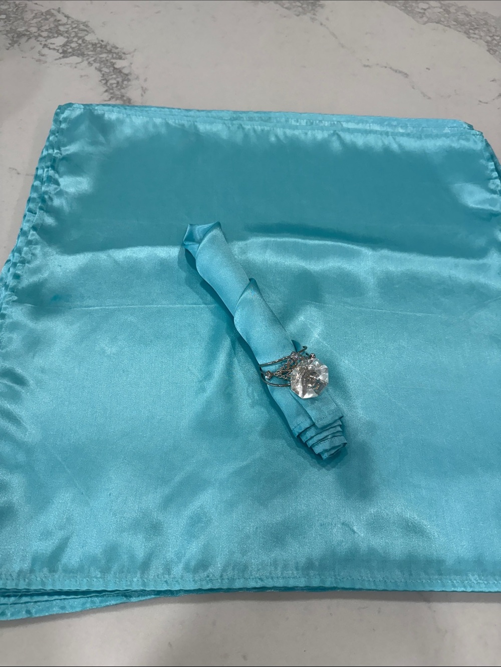 Turquoise Tiffany’s Style Satin Napkins with Crystal Napkin Rings